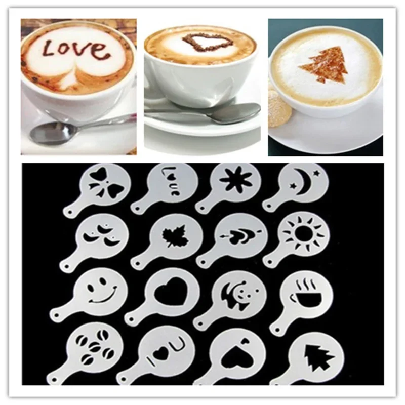 Coffee Stencil Art - 16 قطعة/المجموعة قالب القهوة لاتيه كابتشينو